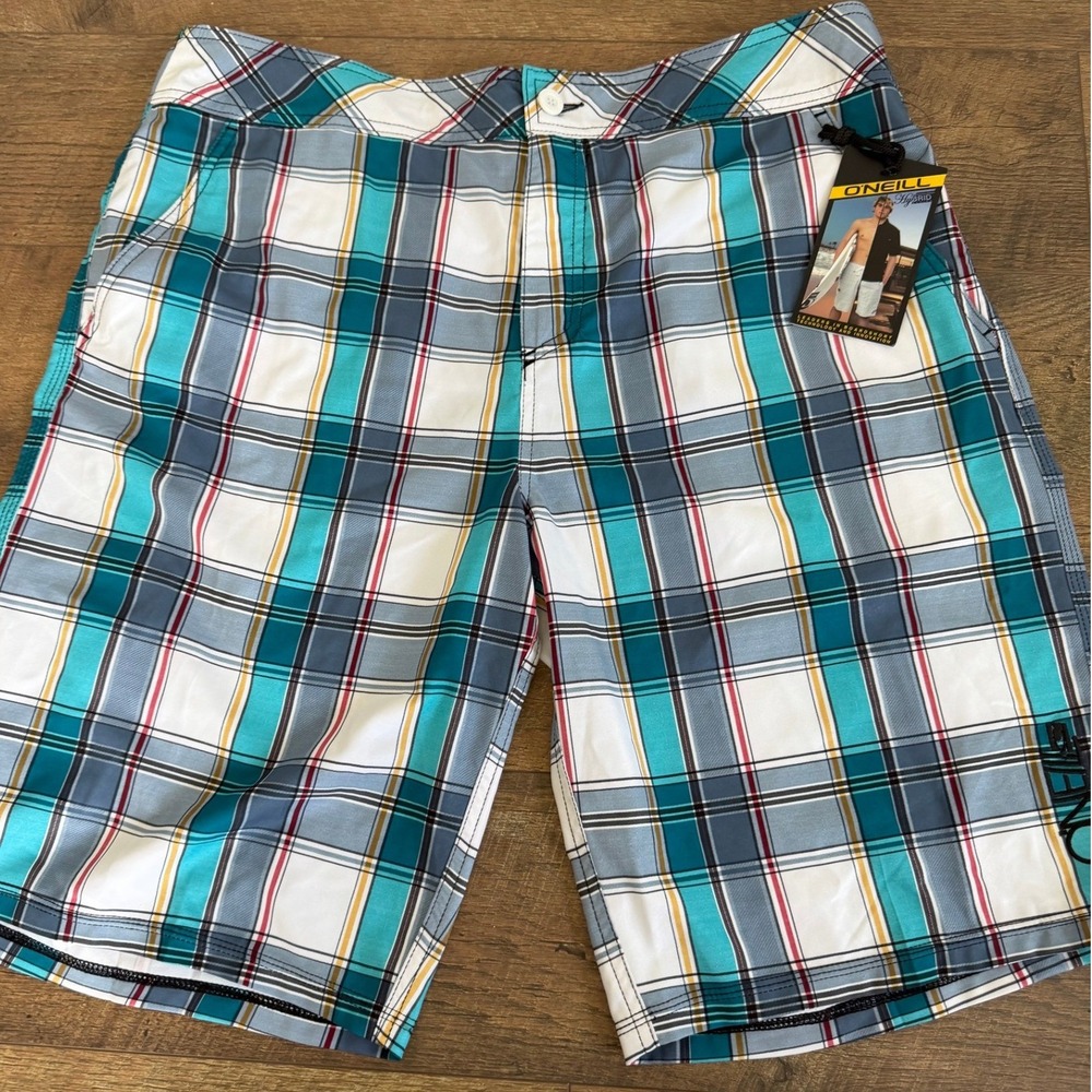 ONeill Mens Hybrid Series Plaid Boardshorts Teal White Walkshorts 11106510 NEW